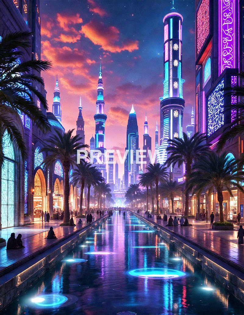 A futuristic cityscape with tall, illuminated skyscrapers, palm trees lining a wide street, and a water feature with glowing lights reflecting the vibrant, neon-lit buildings under a colorful sky.